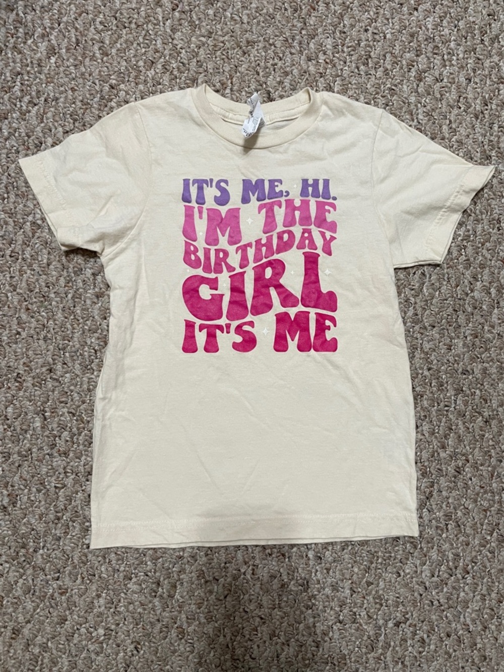Girls' Cream Birthday Graphic Tee with Pink & Purple Print